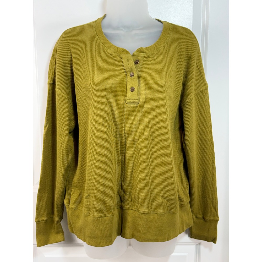 Lou & Grey Womens Olive Green Waffle Knit Henley Thermal Top M Drop Shoulder